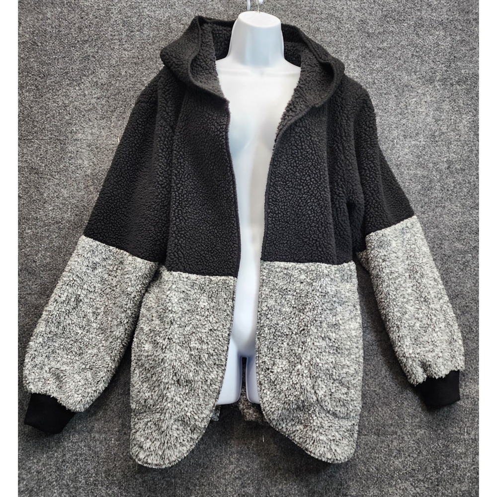 BKE Sherpa Women's Hooded Open Front Cardigan Jacket Sz L Black Gray Fleece Cozy
